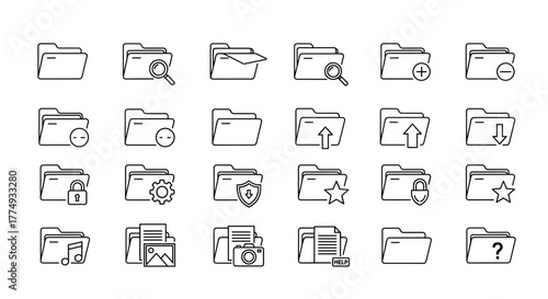 A collection of thin line icons representing computer folders, perfect for graphic and web design, app interfaces, advertisements, and various card designs. This vector cartoon illustration features