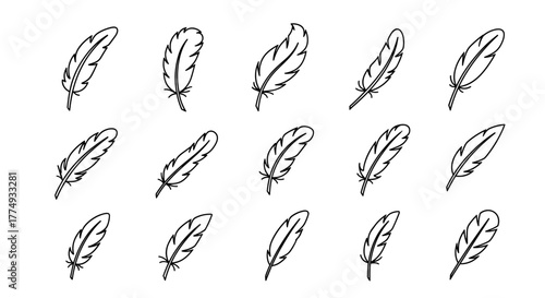 Collection of simple, linear, outline feather illustrations with editable stroke, suitable for web, books, cards, and apps, presented as a vector cartoon illustration with a white background for
