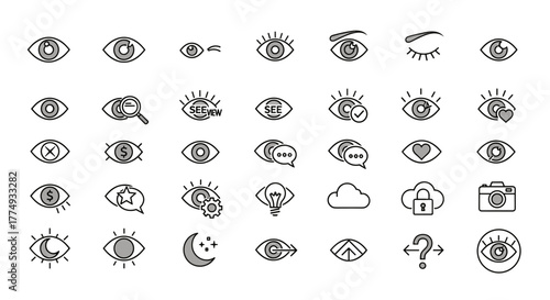 Eye line icon pack, a versatile collection of outline signs and symbols for graphic and web design, apps, adverts, and various cards, presented as a clean vector cartoon illustration. This set