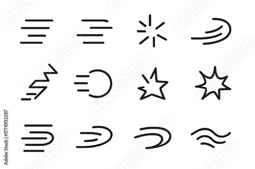 Unique collection of line art symbols depicting movement and energy in simple black and white design