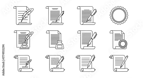 Collection of outline icons representing documents with quill, pen, and stamp, symbolizing writing, signing, and official records. Editable stroke vector graphics suitable for infographics, articles