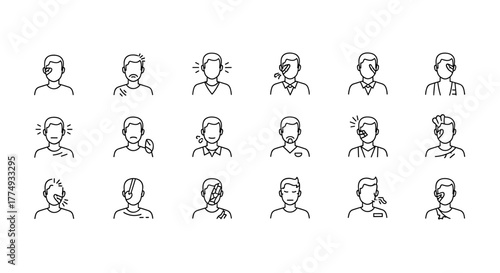 Faceless man with various injuries and ailments depicted in a minimalistic line icon style, perfect for web, graphic design, apps, banners, social networks, and cards. This vector cartoon