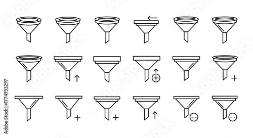 Minimalistic thin line icon of a funnel, presented in a vector cartoon illustration style, perfect for web and graphic design applications, banners, social networks, and cards, set against a clean