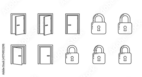 Modern outline style icons featuring doors and padlocks, presented as a clean, ordered set on a white background, perfect for graphic design, app interfaces, social networks, and digital