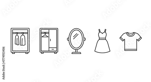 A minimalist collection of line icons representing a closet with hanging clothes, a wardrobe with a hanger, an oval mirror on a stand, a simple dress, and a t-shirt, all rendered with editable