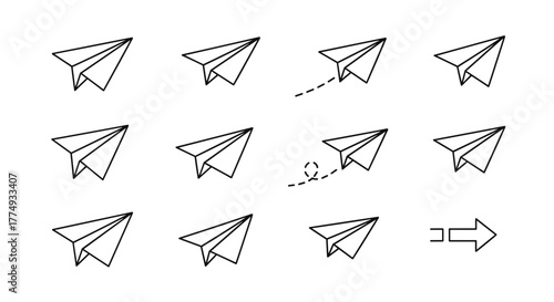 A collection of minimalist line art paper airplanes, symbolizing travel, communication, and dreams, presented on a clean white background for versatile design applications. This set includes various