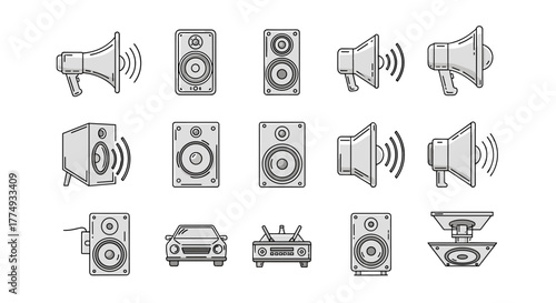 Collection of thin line icons representing various sound devices, including loudspeakers, megaphones, car audio systems, and subwoofers, designed for graphic and web design, apps, advertisements, and