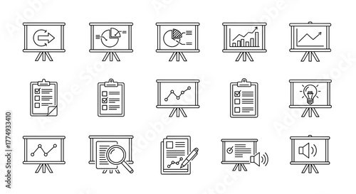 Collection of outline presentation board signs and icons, including charts, graphs, checklists, lightbulbs, and sound waves, perfect for infographics, articles, books, flyers, and banners, presented
