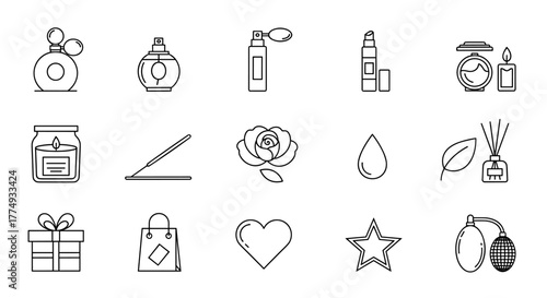 A curated collection of minimalistic linear icons representing perfume and beauty essentials, perfect for web design, graphic applications, social media, and elegant card designs. This vector set