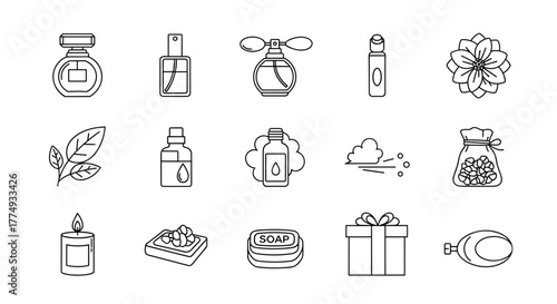 A collection of 15 minimalist line art icons representing perfume bottles, essential oils, a flower, a candle, soap, a gift box, and other beauty and wellness-related items, perfect for web design