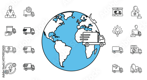 Global logistics and delivery concept, represented by a stylized blue planet Earth surrounded by various outline icons of delivery trucks and related services, symbolizing worldwide shipping