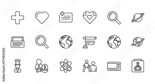 Outline icon bundle featuring a plus sign, heart, loupe, document, globe, and other essential symbols, perfect for graphic and web design, apps, adverts, and various cards, presented as a versatile