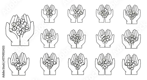 Outline icon of hands holding a variety of pills and capsules, symbolizing healthcare, medicine, and treatment. This versatile vector graphic is perfect for web design, apps, advertisements, and