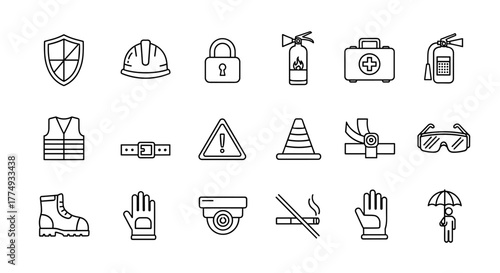 Collection of editable line icons representing protection and safety, including a shield, hard hat, lock, fire extinguisher, first aid kit, safety vest, belt, warning sign, traffic cone, safety