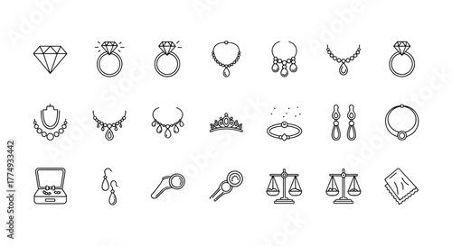 Set of Jewelry Related Line Icons: Diamond and Gem Outline Signs for Graphic and Web Design, Apps, Adverts, Various Cards, Vector Cartoon Illustration. A collection of elegant and modern line art
