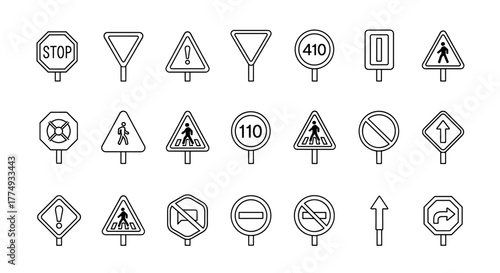 Collection of simple linear road sign outlines, including stop, yield, pedestrian crossing, speed limit, warning, prohibition, and directional signs, perfect for web, books, cards, and apps, with