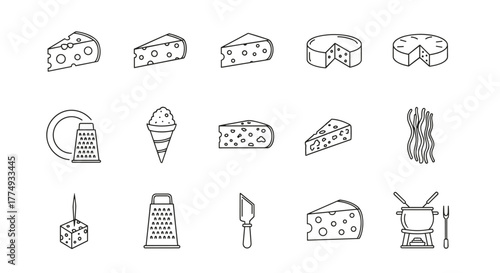 Set of minimalistic linear pictograms representing various types of cheese, cheese grater, cheese knife, spaghetti, and fondue pot, all rendered in a clean white outline style on a black background