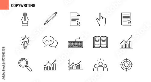 Set of outline icons related to copywriting, including a fountain pen, writing pen, document with cursor, pointing finger, paper with text, lightbulb, chat bubbles, keyboard, open book, bar chart