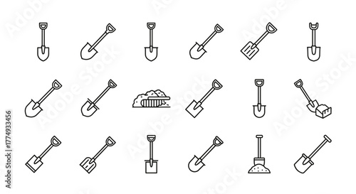 Collection of outline shovel icons, representing various digging tools and gardening equipment, perfect for graphic design, web development, app interfaces, and advertising campaigns, presented on a