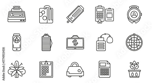 Set of simple line art icons representing business and finance concepts, including a cash register, calculator, briefcase with dollar sign, calendar, and plant in a pot, perfect for graphic design