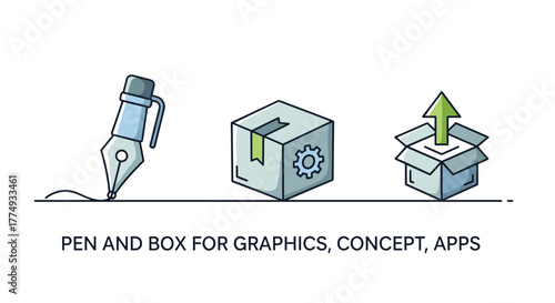 A minimalist and modern vector illustration featuring three distinct icons: a fountain pen drawing a line, a closed box with a gear symbol, and an open box with an upward-pointing arrow, symbolizing
