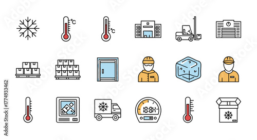 Set of freezer warehouse related line icons, outline signs for graphic and web design, apps, adverts, various cards, vector cartoon illustration with snowflake, thermometer, boxes, forklift