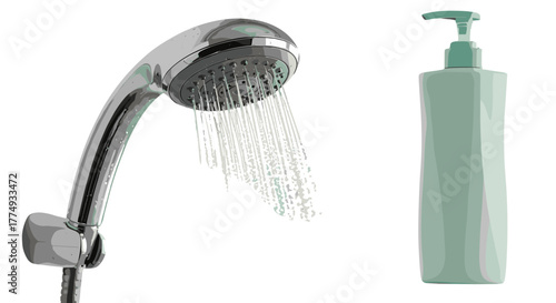 A chrome shower head sprays water in a refreshing stream next to a sleek, modern, pale green pump bottle, suggesting a spa-like bathroom experience or personal hygiene routine, isolated on a black