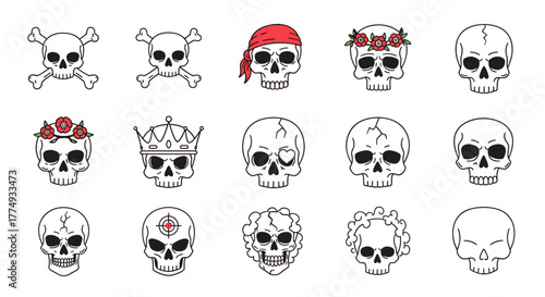 Collection of stylized skull line icons, featuring pirate skulls, floral wreaths, a regal crown, and a target symbol, presented on a clean white background, perfect for graphic design, web elements