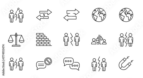 A collection of editable line icons representing social polarization, featuring concepts like division, conflict, and differing viewpoints, presented on a clean white background for versatile use in