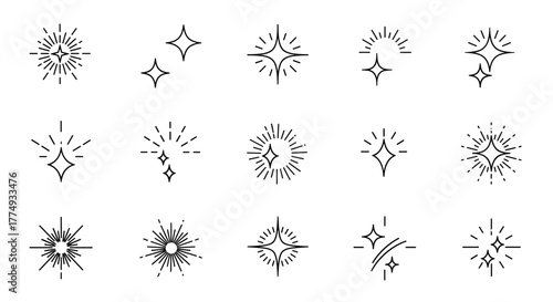 Collection of 12 stylized starburst and sparkle icons, presented as a clean, ordered line icon set on a white background, perfect for graphic design elements, digital interfaces, and celebratory