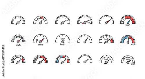 Modern outline style speedometer icons, presented as a collection of 16 distinct gauges with varying needle positions and color accents, suitable for digital design, apps, social networks, and web