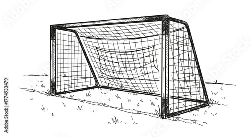Hand-drawn sketch of a soccer goal with a net and grass on an outdoor field, presented in a vivid, artistic, and detailed line art style, perfect for sports and recreation themes.