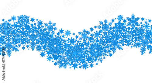 A vibrant and beautiful wave-shaped border composed of numerous blue snowflakes and stars, set against a stark black background, perfect for Christmas and winter-themed designs, evoking a sense of