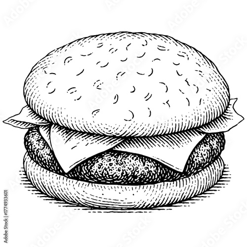 Engraved illustration of a delicious burger served with cheese on a soft bun in a vintage style