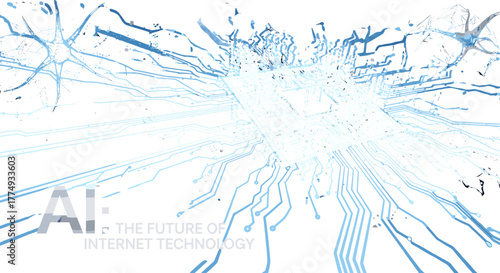 Abstract digital AI concept for internet technology, featuring a glowing circuit board motherboard with intricate connections and neural network-like pathways, symbolizing the future of artificial