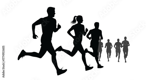 Dynamic silhouette of a diverse group of runners, including men and women, engaged in a marathon race, captured in a striking abstract vector illustration against a black background, symbolizing