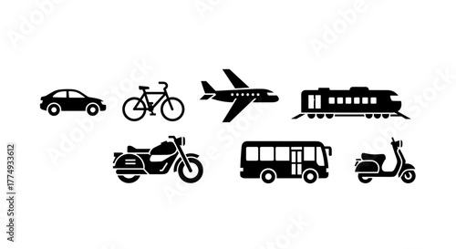 A diverse collection of transportation icons, including a car, bicycle, airplane, train, motorbike, bus, and scooter, presented as a solid, ordered line icon set on a white background, symbolizing