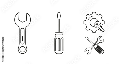 Set of outline icons representing tools and service, including a wrench, screwdriver, and gear icon, symbolizing settings, repair, and maintenance. This graphic resource is perfect for illustrating