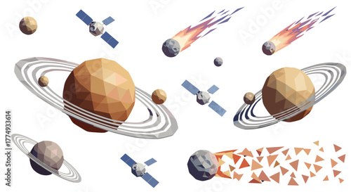 Stylized low-poly space objects collection featuring planets with rings, moons, satellites, and comets, rendered in a vibrant, geometric art style against a black background, perfect for science and