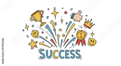 Vibrant hand-drawn doodle illustration celebrating success with confetti bursts, stars, a golden trophy, a first-place medal with ribbon, a thumbs-up gesture, sparkles, and happy smiley faces, all on