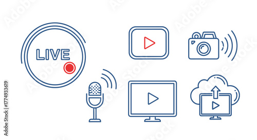 Set of live streaming icons including 'LIVE' text with a red dot, play button in a rectangle, camera with Wi-Fi signal, microphone with Wi-Fi signal, monitor with play button, and cloud upload with