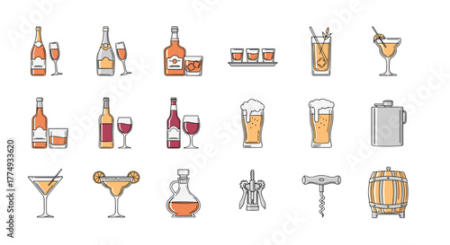 Vibrant Collection of Alcohol-Related Vector Line Icons: Featuring Champagne, Whisky, Cocktails, Shots, Beer, Wine, and Barware Essentials. This Set Includes a Barrel, Flask, and Corkscrew, Perfect