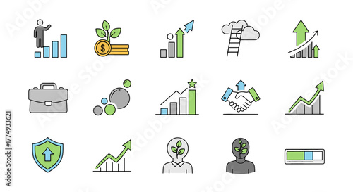 Modern thin line vector illustration set of business icons depicting success and growth, including financial charts, career progression, investment, teamwork, and personal development, perfect for