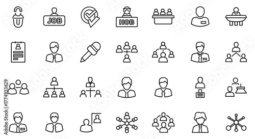 Collection of 24 vector icons representing work-related concepts like job, career, employment, meetings, organization, teamwork, and networking, presented in a clean, solid line art style on a black