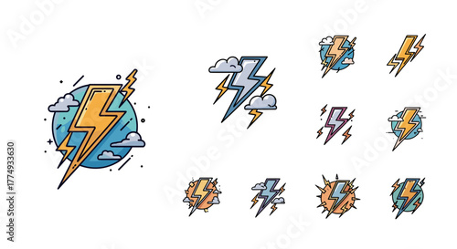 Vivid abstract bolt logo design vector, representing a lightning storm with electric shock and thunder elements. This versatile template offers color options, perfect for brand identity and