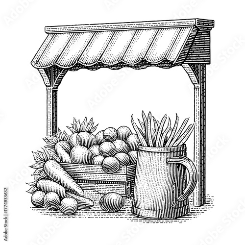 Engraved illustration of a rustic market stall filled with fresh produce and a clay pitcher