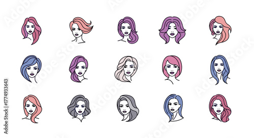 Collection of stylized female portraits with diverse hairstyles and vibrant, pastel hair colors, presented as clean vector illustrations on a black background, ideal for beauty, fashion, and salon