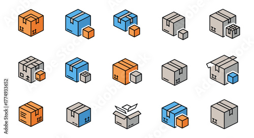 Set of 15 isometric vector cartoon illustrations of delivery package boxes in various colors like orange, blue, and gray, some with smaller boxes beside them, and one open box, perfect for logistics
