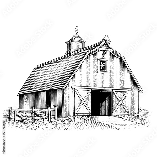 Detailed vector engraving of a rustic barn set in the countryside capturing timeless farm life and old-world charm