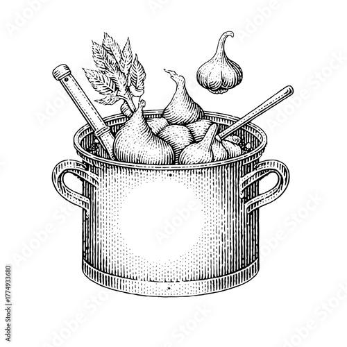 Engraved illustration of a pot filled with herbs and garlic, showcasing the art of cooking and natural ingredients used in traditional recipes